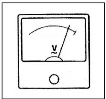 Diagram of an analog voltmeter with scale and pointer indicating measurement voltage