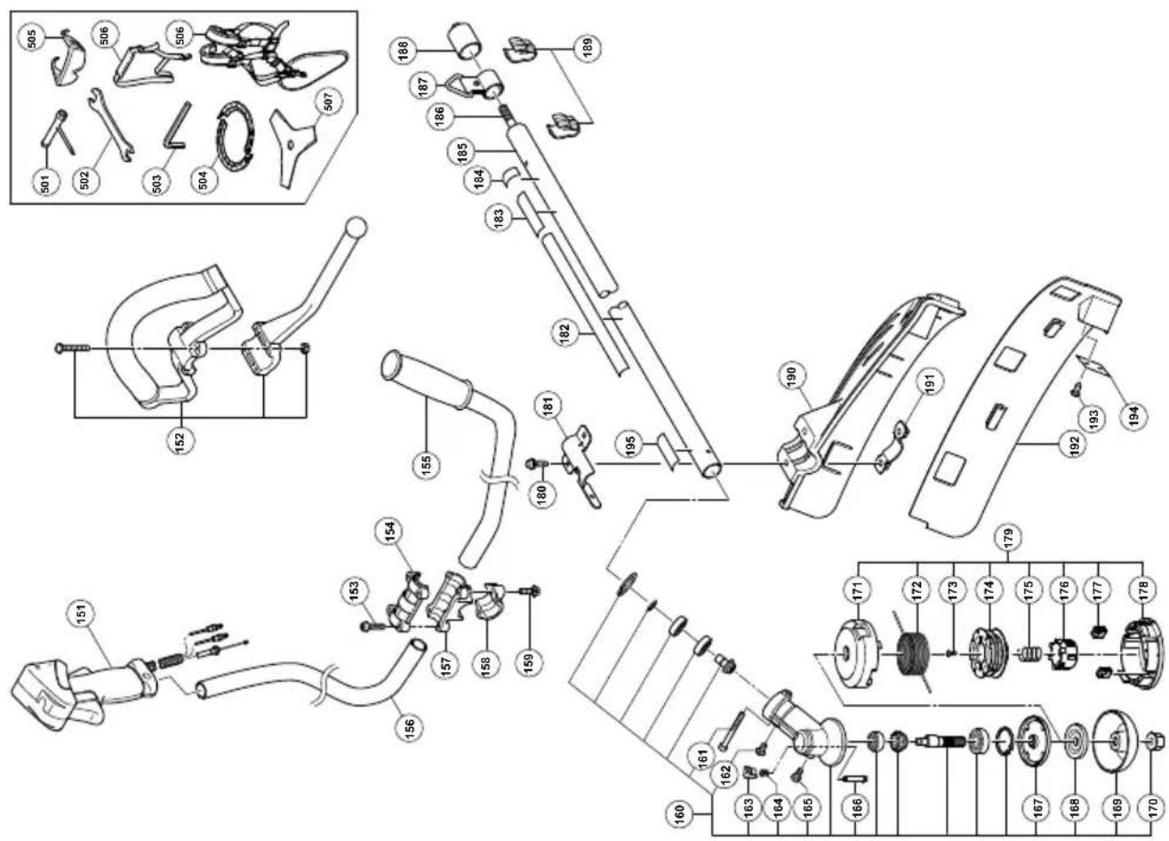 Exploded view diagram of a mechanical assembly with numbered parts and component labels