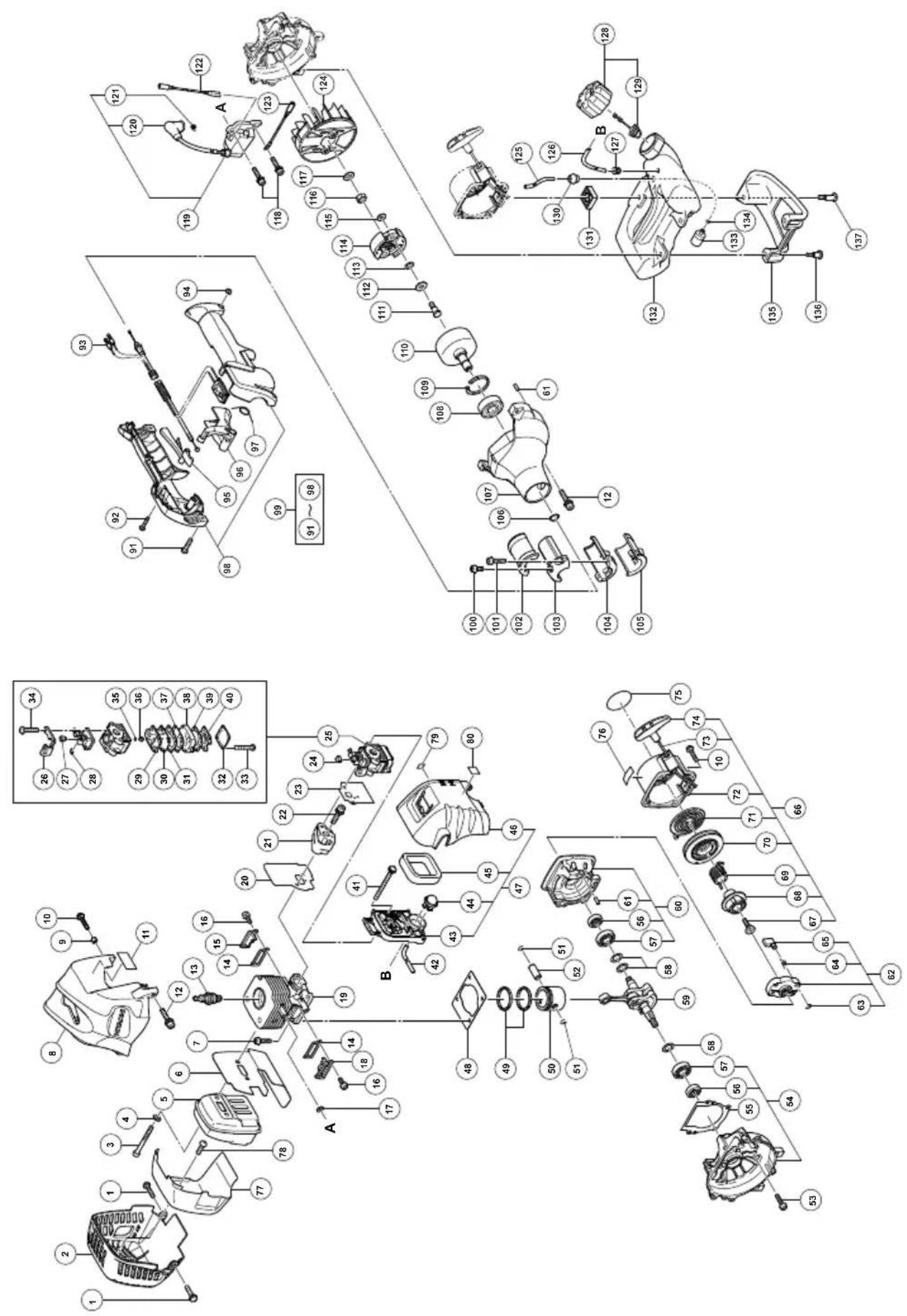 Exploded view diagram of a mechanical assembly with numbered components and exploded views A, B, C