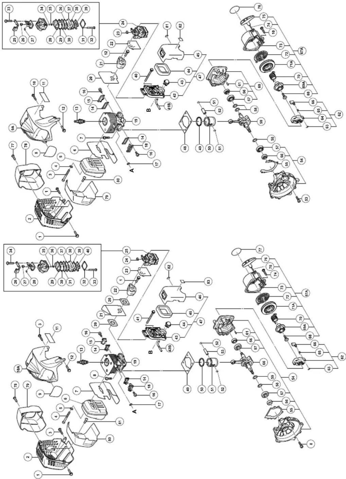 Exploded view diagram of a mechanical assembly with numbered components and labeled parts A, B, and C.