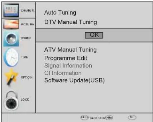 CHANNEL PICTURE SOUND TIME OPTIO N LOCK Auto Tuning DTV Manual Tuning OK ATV Manual Tuning Programme Edit Signal Information CI Information Software Update(USB) NEXT BACK IN OVER-NO