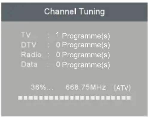 Channel Tuning TV : 1 Programme(s) DTV : 0 Programme(s) Radio : 0 Programme(s) Data : 0 Programme(s) 36%... 668.75MHz (ATV)
