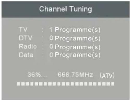 Channel Tuning TV : 1 Programme(s) DTV : 0 Programme(s) Radio : 0 Programme(s) Data : 0 Programme(s) 36%... 668.75MHz (ATV)