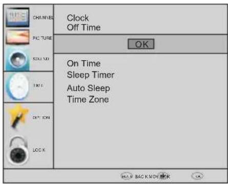 CHANNEL Picture SOYA NO. TIME OFF ON LOCK Clock Off Time OK On Time Sleep Timer Auto Sleep Time Zone BAK BACKNOVICK