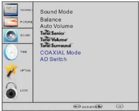 Sound Mode Balance Auto Volume Total Sonics Total Volume Total Surround COAXIAL Mode AD Switch