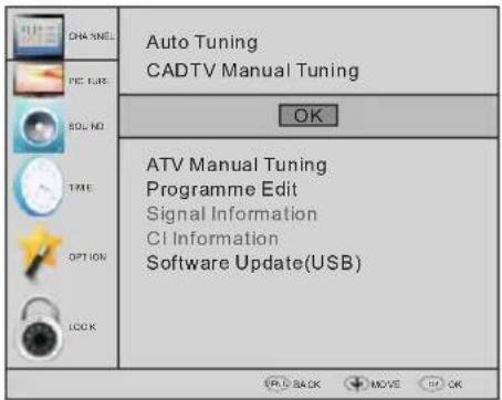 CHANNEL PIE TURS BOL NO. TIME OPTION LOCK Auto Tuning CADTV Manual Tuning OK ATV Manual Tuning Programme Edit Signal Information CI Information Software Update(USB) SP & BACK MOVE OK