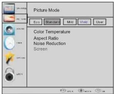 Picture Mode Eco Standard Mild Vivid User Color Temperature Aspect Ratio Noise Reduction Screen
