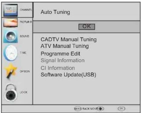 CHANNEL PICTUR B BOUND TIME OPTION LOCK Auto Tuning OK CADTV Manual Tuning ATV Manual Tuning Programme Edit Signal Information CI Information Software Update(USB) SEND BACKMOVE OK
