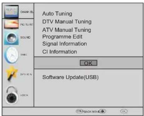CHANNEL AUDIO SOUND TIME OPTION LOCK Auto Tuning DTV Manual Tuning ATV Manual Tuning Programme Edit Signal Information CI Information OK Software Update(USB) WIN REACH MOVE OK OK
