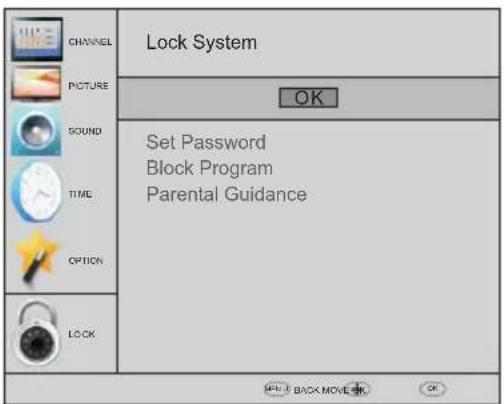 CHANNEL PICTURE SOUND TIME OPTION LOCK Lock System OK Set Password Block Program Parental Guidance LOCK BACK MOVE OK