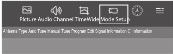 Picture Audio Channel TimeWide Mode Setup Antenna Type Auto Tune Manual Tune Program Edit Signal Information CI Information