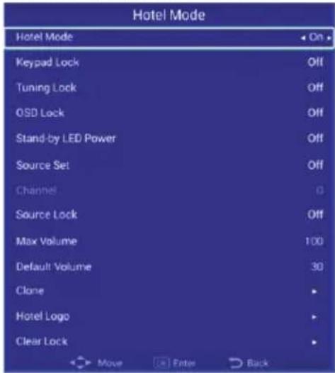 Hotel Mode Hotel Mode On Keypad Lock Off Tuning Lock Off OSD Lock Off Stand-by LED Power Off Source Set Off Channel 0 Source Lock Off Max Volume 100 Default Volume 30 Clone ► Hotel Logo ► Clear Lock ► Move Enter Back