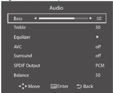 Audio Bass 50 Treble 50 Equilizer AVC off Surround off SPDIF Output PCM Balance 50 Move Enter Back