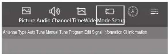 Picture Audio Channel TimeWide Mode Setup Antenna Type Auto Tune Manual Tune Program Edit Signal Information CI Information