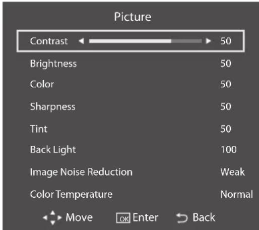 Picture Contrast 50 Brightness 50 Color 50 Sharpness 50 Tint 50 Back Light 100 Image Noise Reduction Weak Color Temperature Normal Move OK Enter Back