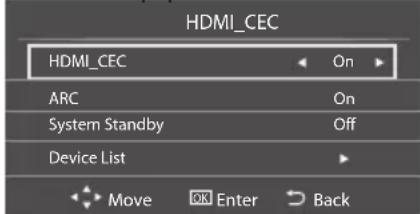 HDMI_CEC HDMI_CEC On ARC On System Standby Off Device List Move OK Enter Back