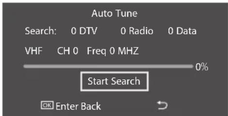 Auto Tune Search: 0 DTV 0 Radio 0 Data VHF CH 0 Freq 0 MHZ 0% Start Search OK Enter Back