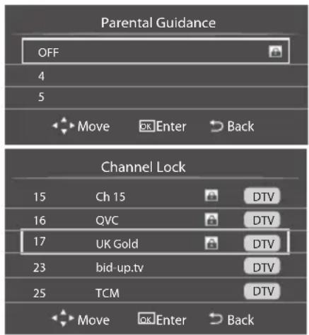 Parental Guidance OFF 4 5 Move CKEnter Back Channel Lock 15 Ch 15 DTV 16 QVC DTV 17 UK Gold DTV 23 bid-up.tv DTV 25 TCM DTV Move OKEnter Back