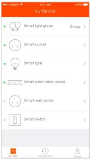 My Device Smart light group Group > Smart socket > Smart light > Smart extensible socket > Smart wall socket > Smart switch >
