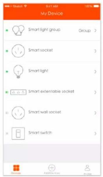 My Device Smart light group Group > Smart socket > Smart light > Smart extentable socket > Smart wall socket > Smart switch >