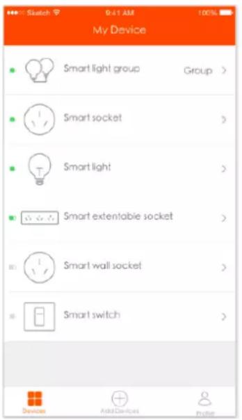 My Device Smart light group Group > Smart socket > Smart light > Smart extentable socket > Smart wall socket > Smart switch > Device Add Devices Update