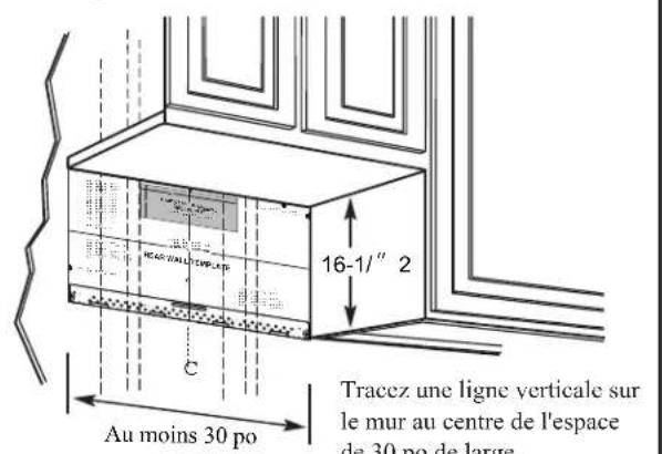 16-1/2 Tracez une ligne verticale sur le mur au centre de l'espace de 30 po de large. Au moins 30 po