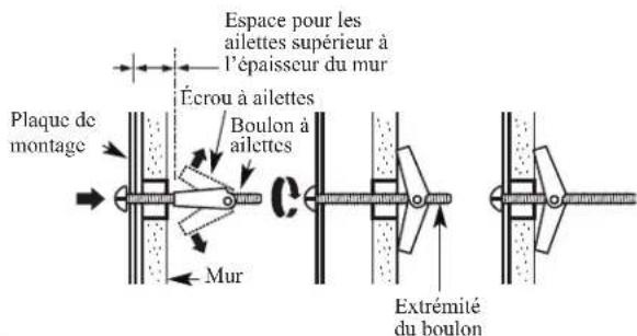 Espace pour les ailettes supérieur à l'épaisseur du mur Écrou à ailettes Plaque de montage Boulon à ailettes Mur Extrémité du boulon
