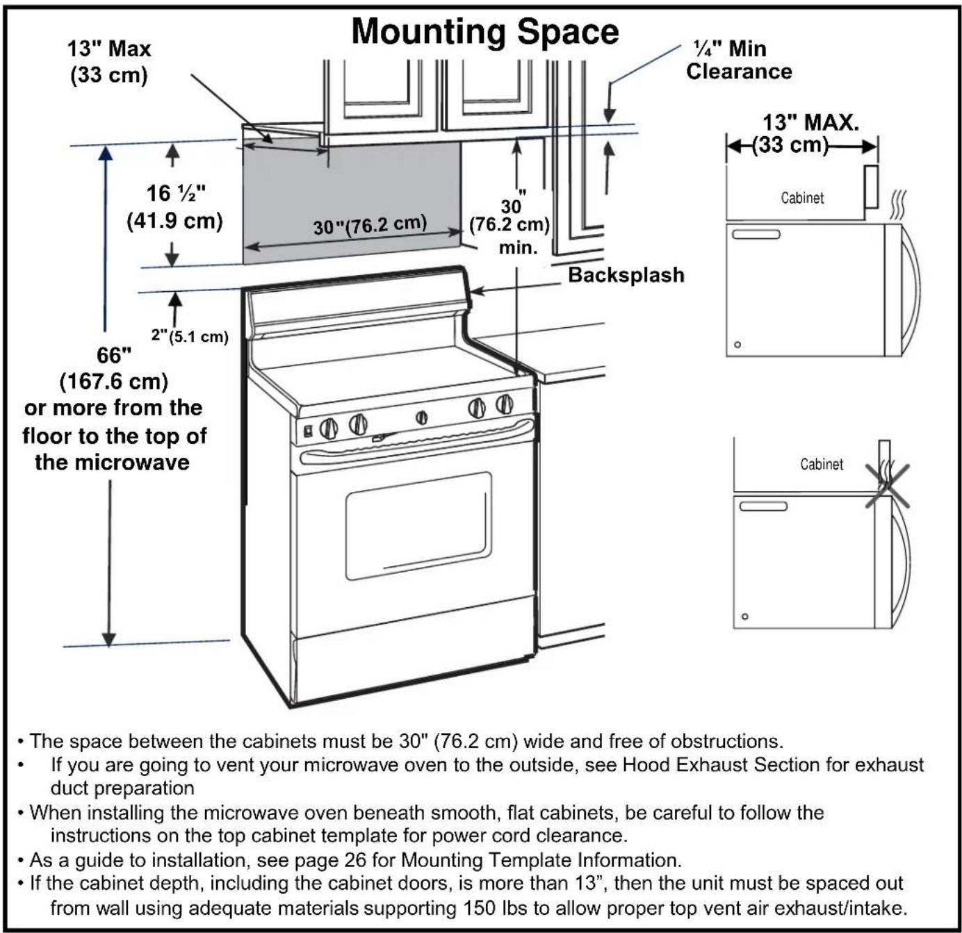 Mounting Space 13" Max (33 cm) 16 ½" (41.9 cm) 30"(76.2 cm) 30" (76.2 cm) min. 1/4" Min Clearance 13" MAX. (33 cm) Backsplash 66" (167.6 cm) or more from the floor to the top of the microwave • The space between the cabinets must be 30" (76.2 cm) wide and free of obstructions. • If you are going to vent your microwave oven to the outside, see Hood Exhaust Section for exhaust duct preparation • When installing the microwave oven beneath smooth, flat cabinets, be careful to follow the instructions on the top cabinet template for power cord clearance. • As a guide to installation, see page 26 for Mounting Template Information. • If the cabinet depth, including the cabinet doors, is more than 13", then the unit must be spaced out from wall using adequate materials supporting 150 lbs to allow proper top vent air exhaust/intake.