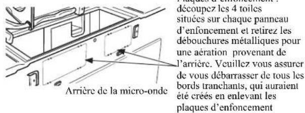 découpez les 4 toiles situées sur chaque panneau d'enfoncement et retirez les debouchures métalliques pour une aération provenant de l'arrière. Veuillez vous assurer de vous débarrasser de tous les bords tranchants, qui auraient été créés en enlevant les plaques d'enfoncement Arrière de la micro-onde