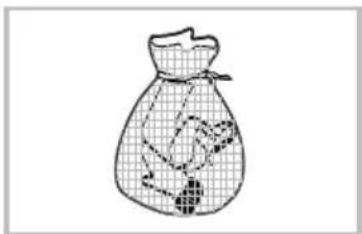 Line drawing of a bag with a mesh pattern and a small object inside (no text or symbols)