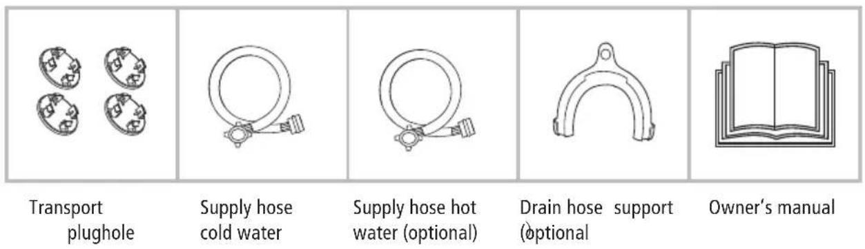 Transport plughole Supply hose cold water Supply hose hot water (optional) Drain hose support (optional) Owner's manual