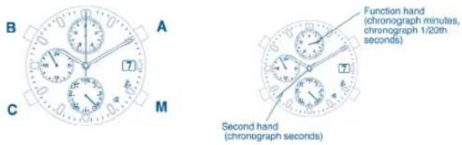 B A C M Function hand (chronograph minutes, chronograph 1/20th seconds) Second hand (chronograph seconds)