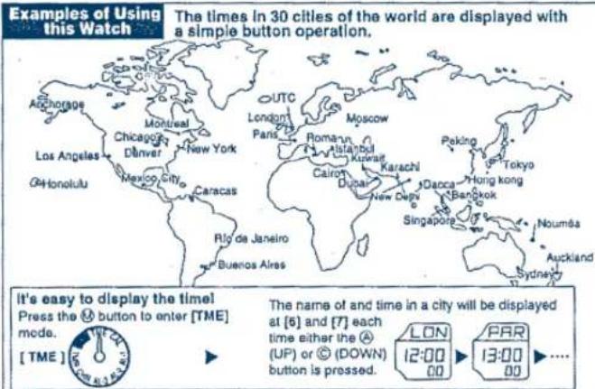 Examples of Using this Watch The times in 30 cities of the world are displayed with a simple button operation. It's easy to display the time! Press the @ button to enter [TME] mode. [TME] The name of and time in a city will be displayed at [6] and [7] each time either the (UP) or (DOWN) button is pressed. LON 12:00 00 PAR 13:00 00 .....