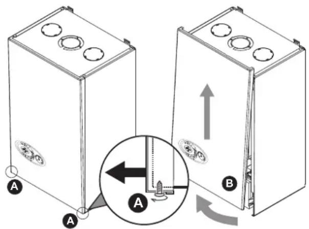 Diagram showing two containers labeled A and B with circular holes and directional arrows, highlighting a mechanical or electrical component.