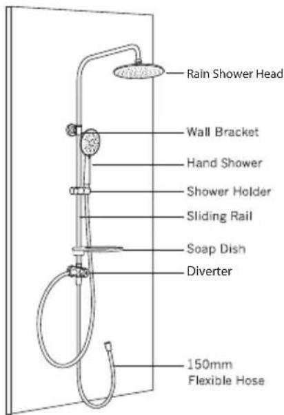 Rain Shower Head Wall Bracket Hand Shower Shower Holder Sliding Rail Soap Dish Diverter 150mm Flexible Hose