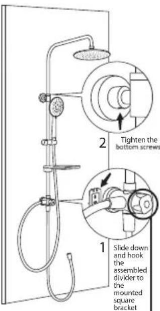 2 Tighten the bottom screws 1 Slide down and hook the assembled divider to the mounted square bracket