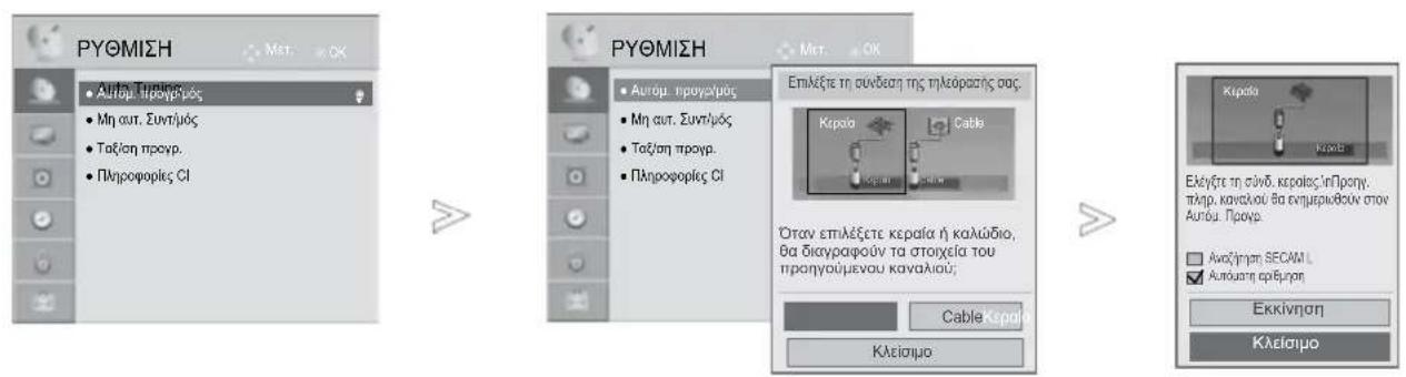 PYOMISH • Autóu. Próyájós • Mn aut. Συντής • Tažian proyp. • Plurofopíes CI PYOMISH • Autóu. próyájós • Mn aut. Συντής • Tažian proyp. • Plurofopíes CI Επιλέξε τη σύνδαη της πλεόρασης σας. Kepala Cable Kepala Cable Οτον επιλέξετε κεραία ή καλώδιο, θα διαγραφούν τα στοίχεία του προηγούμενου καναλίου; Cable Kepala Κλείσιμο Εκλέξε τη σύνδ. κεραίας Ιπροηγ. πλρο. καναλίου θα ενημεριωδων στον Autóu. προγρ. Ανοζήση SECAM L ✓ Ανοζήση εφβμησ Εκκίνηση Κλείσιμο
