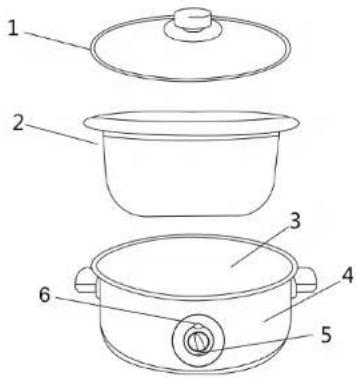 Diagram of a cooking pot with numbered parts labeled 1 through 6