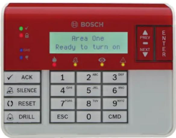 BOSCH Area One Ready to turn on PREV NEXT ENTER ✓ ACK 1 2 ABC 3 DEF ✓ SILENCE 4 GHI 5 JKL 6 MNO ( ) RESET 7 FQRS 8 TUV 9WXYZ DRILL ESC 0 CMD