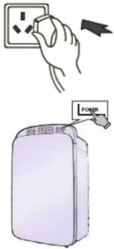 Diagram showing hand placing electrical socket with power button, next to battery pack labeled 'POWER'