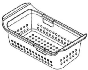 Line drawing of a rectangular plastic basket with perforated side and handle (no text or symbols)