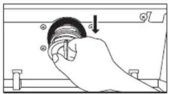 Hand holding a circular component with a downward arrow, no text or symbols visible