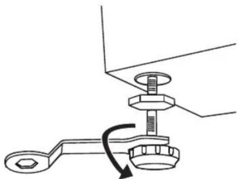 Mechanical diagram showing a wrench connecting a nut to a base with a curved arrow indicating rotation (no text or symbols)