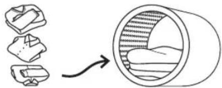 Diagram showing a mechanical assembly transforming into a cylindrical component (no text or symbols present)