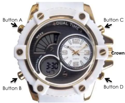 Button A DUAL TIME 3 WEEK 3:30 5 12 9 3 5 Crown Button B Button C Button D