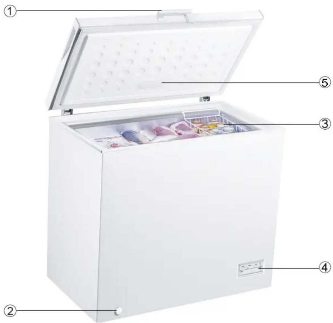 Diagram of a white refrigerator with numbered parts labeled for identification