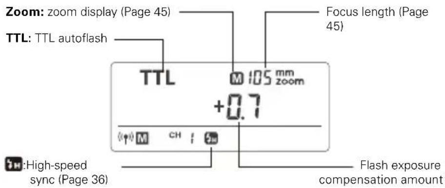 Zoom: zoom display (Page 45) TTL: TTL autoflash TTL M 105 mm zoom +0.7 Focus length (Page 45) High-speed sync (Page 36) Flash exposure compensation amount