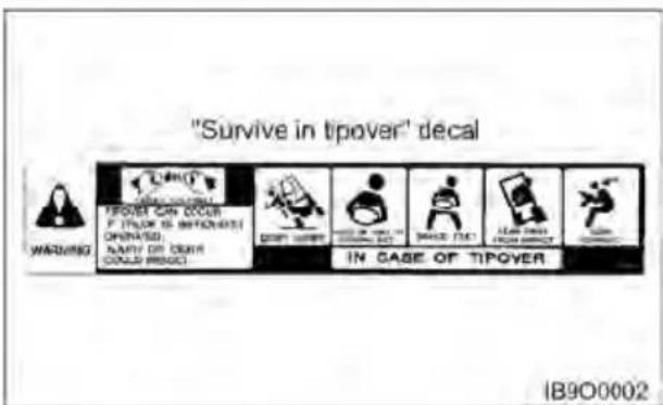 "Survive in tipover" decal WARNING FORUM CAN OCOR F TIPLOK IS INTENDED OPENED. NATY ON DEAR COULD PINGO IN CASE OF TIPOVER IB900002