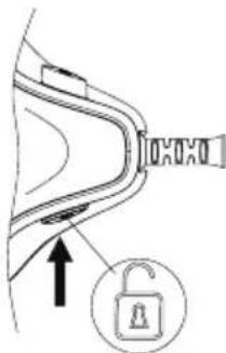 Diagram showing a car seatbelt buckle with an open lock icon and directional arrow indicating movement or change.