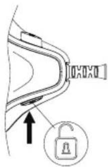 Diagram showing a car seatbelt buckle with an open lock icon and directional arrow indicating movement or change.